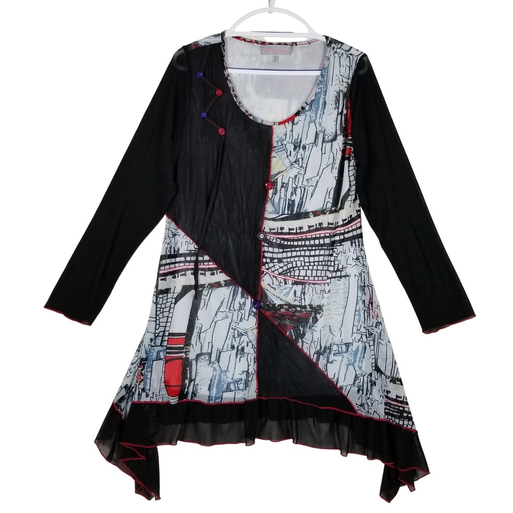 Pretty Angel Tunic Top Women Large Black Abstract Art Silk Blend Asymmetric Mesh